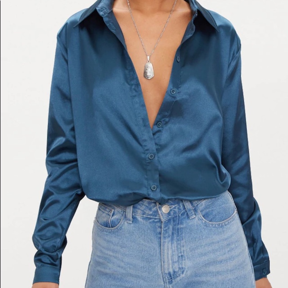 Teal Satin Button Front Shirt